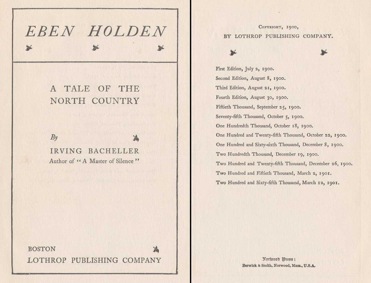 Title & Copyright pages: Eben Holden: edition de-luxe