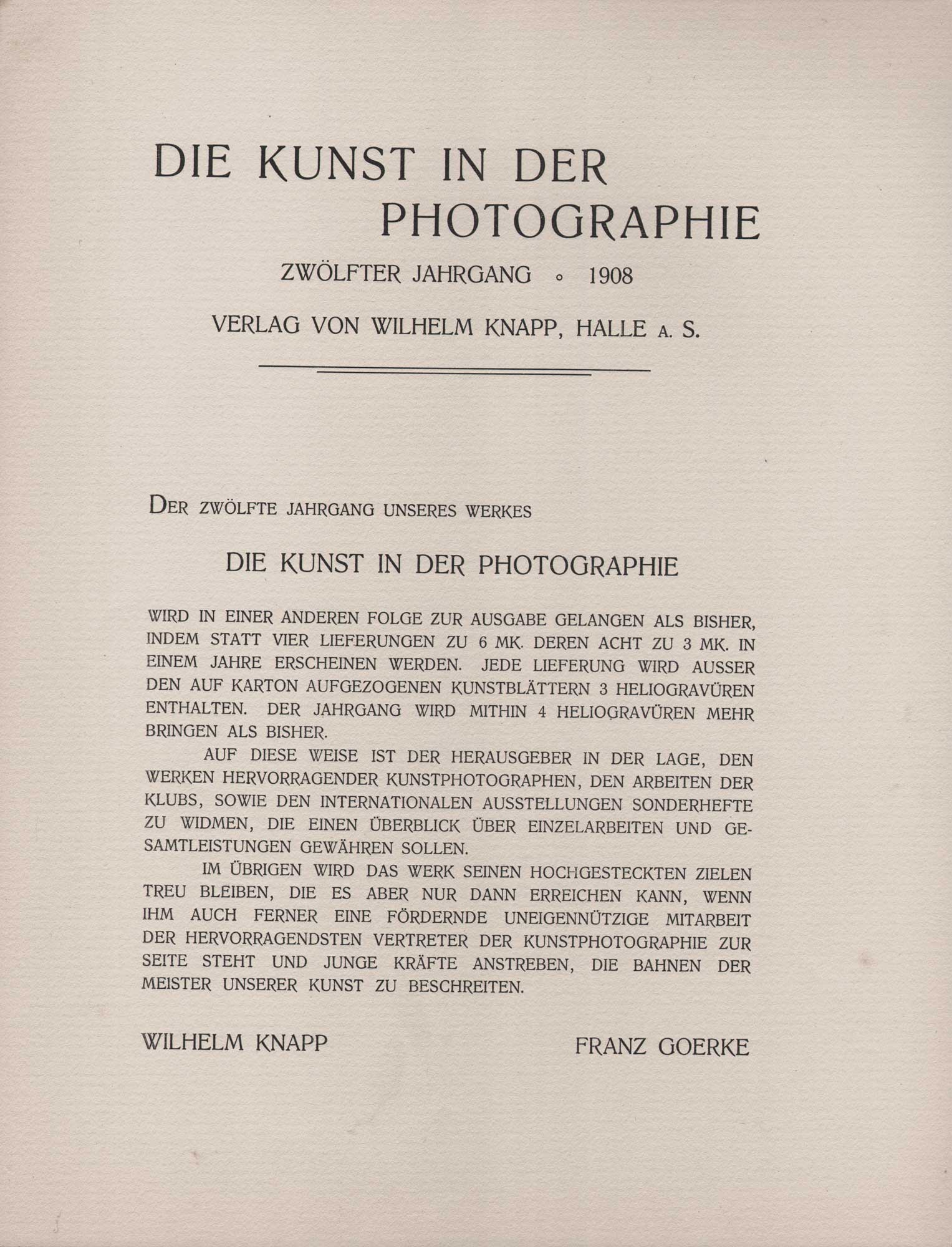 1908 Announcement: Die Kunst in der Photographie