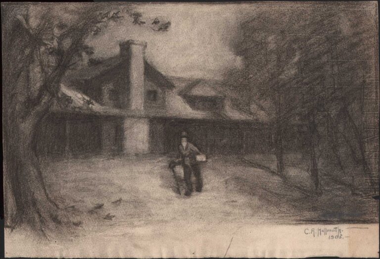 Man with Cane Walking away from Building